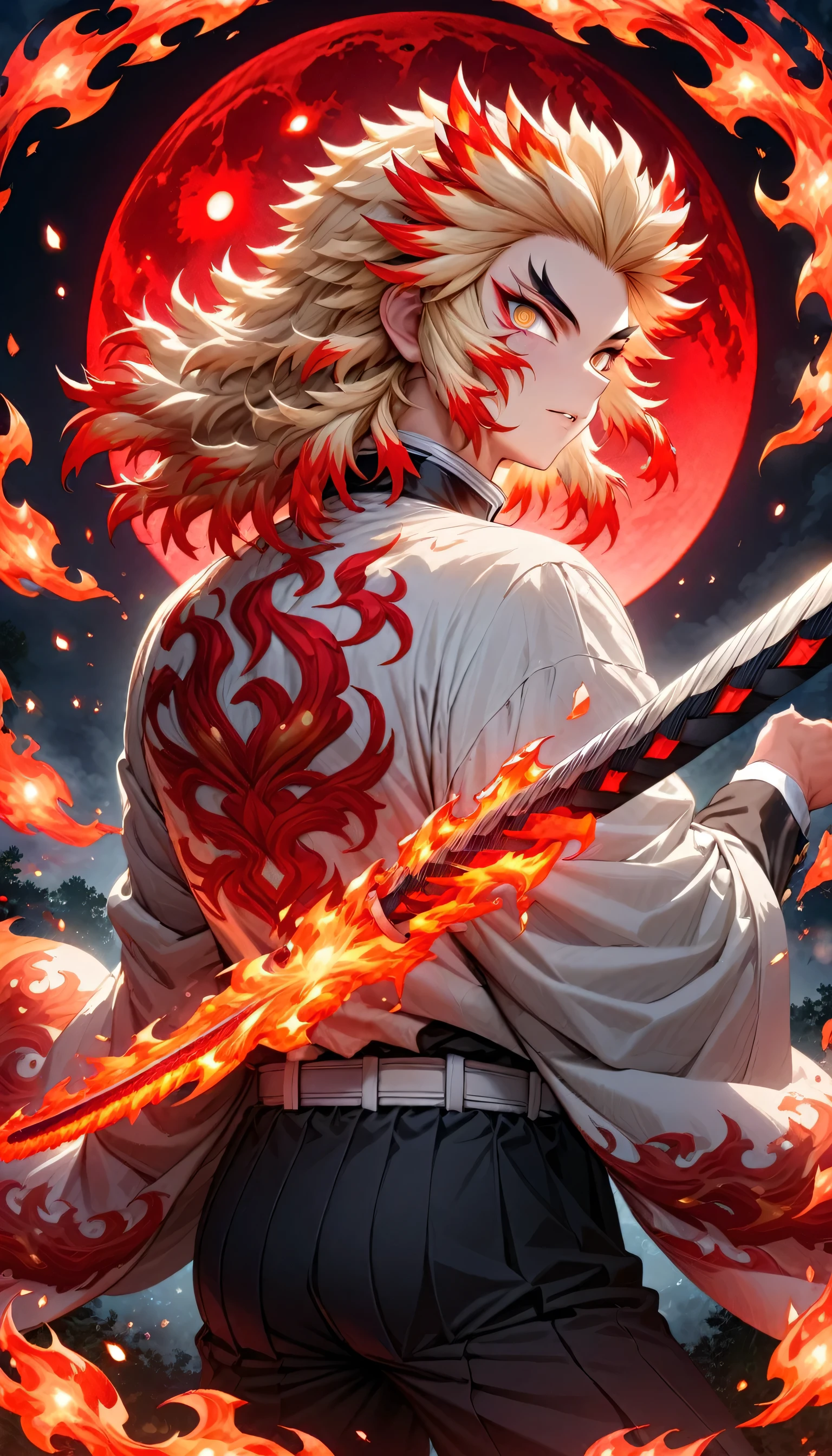 Super detailed, High resolution, Absurd, High resolution, masterpiece, Rengoku Kyojuro, Blonde, Expressive golden eyes, White Haori with a Flame Pattern, Black Demon Slayer uniform, Kimetsu no Yaiba, Fantasy, petal, Red flower, good looking, sexy man Grabbing a sword, alone, magic, shining red fireflies, Red Moon, Highest quality, Highly detailed face and eyes, fire, Grabbing a sword、Back view、Flame background