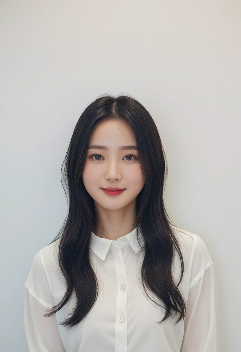 Best Quality, 8k, Masterpiece, (Portrait: 1.3), (photo realistic:1.4), (hyper realistic:1.4), Sharp Focus, looking at viewer, (smoother lighting:1.1), (increase cinematic lighting quality:0.9), realistic lighting, backlighting, light on face, ray trace, (brightening light:1.2), (Increase quality:1.4), sharp detail, (best quality real texture skin:1.4), finely detailed eyes, black_eyes, finely detailed face, 25 year old Korean woman, (white formal_shirt:1.4), (Create an image maintaining the original base model hairstyle:1.5),smiling_face