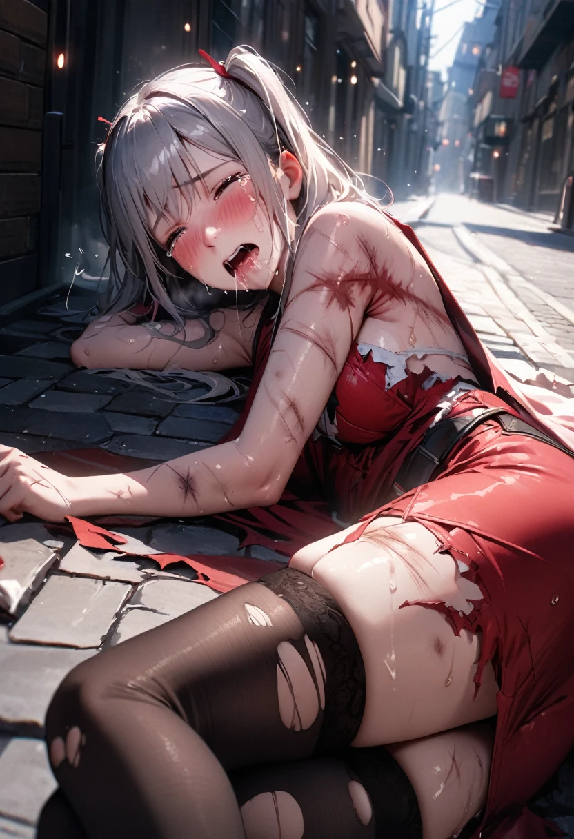 (best quality), (masterpiece, realistic), high res, all detailed, perfect anatomy, (two side up), long hair, silver hair, (red pencil Dress, single shoulders armor, single shoulders Cape, pencil miniskirt), medium cleavage, black thigh-highs, (injury skin, scar skin, bleeding skin, torn clothes:1.2), Broken Armor, BREAK NSFW, solo, 1girl, lying, on side, (tears), sigh, blush, sweat, saliva trail, (outdoors, street, stone flooring), cinematic lighting, diffraction spikes, zettai ryouiki, (from below),