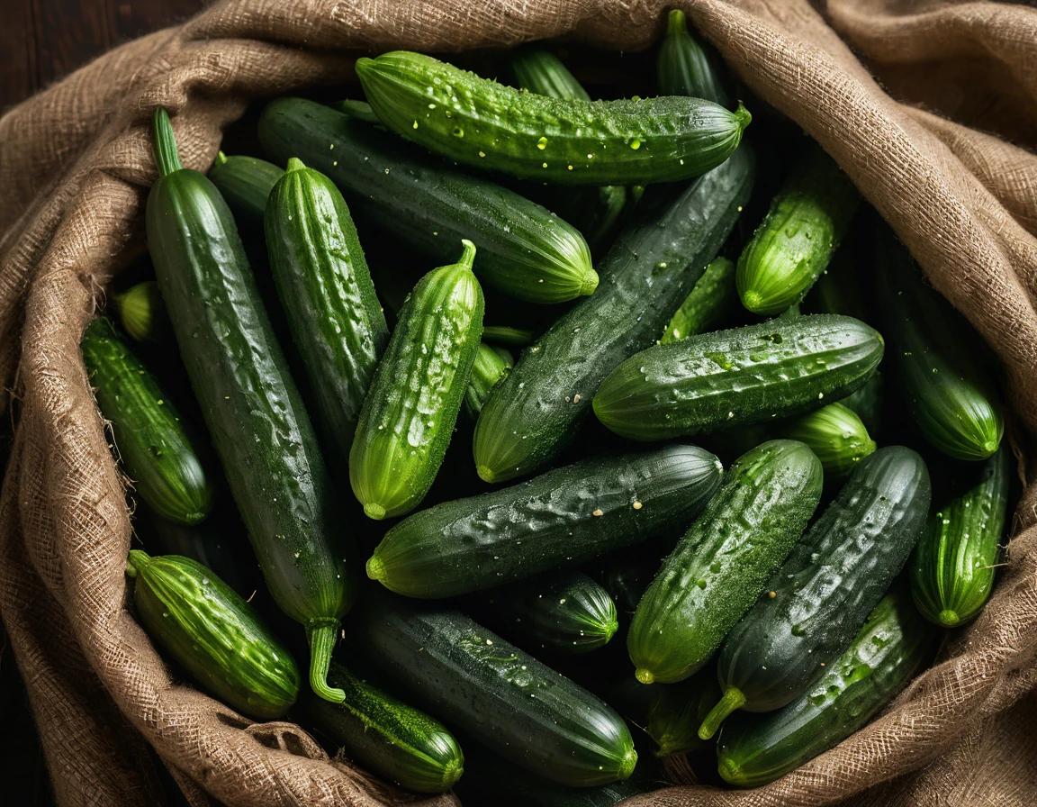 Close-up of a pile of harvested cucumbers on a brown tarp, cucumber, cucumber, pickled, pickled, fresh, vegetable, amazing image, fruit of superior quality, abundant cucumber harvest, pickled rick, by Yasushi Sugiyama, green, lush fertility, by Maeda Masao, green eays, by Yi Jaegwan, green), good fruits, ((with intact stems and varying sizes)), professional photography with excellent lighting, Bright colors, Clean lines, --ar16:9, ( masterpiece:1.2), (best quality), (highly detailed), (8k, 4k, intricate),(highly detailed:1.2), (detailed background), detailed landscape, ((portrait)), style food, food, blur, cup, depth of field, table, food focus, Canon EOS 250D, 128K UHDR Best Quality, (masterpiece:1.2), (best quality), very detailed), focus, (8k, 4k, complex), (highly detailed:1.2), (detailed background), detailed landscape, dramatic light, Rembrandt lighting scheme, (hyperrealism:1.2), (8K UHD: 1.2), (photorealistic:1.2), shot from above