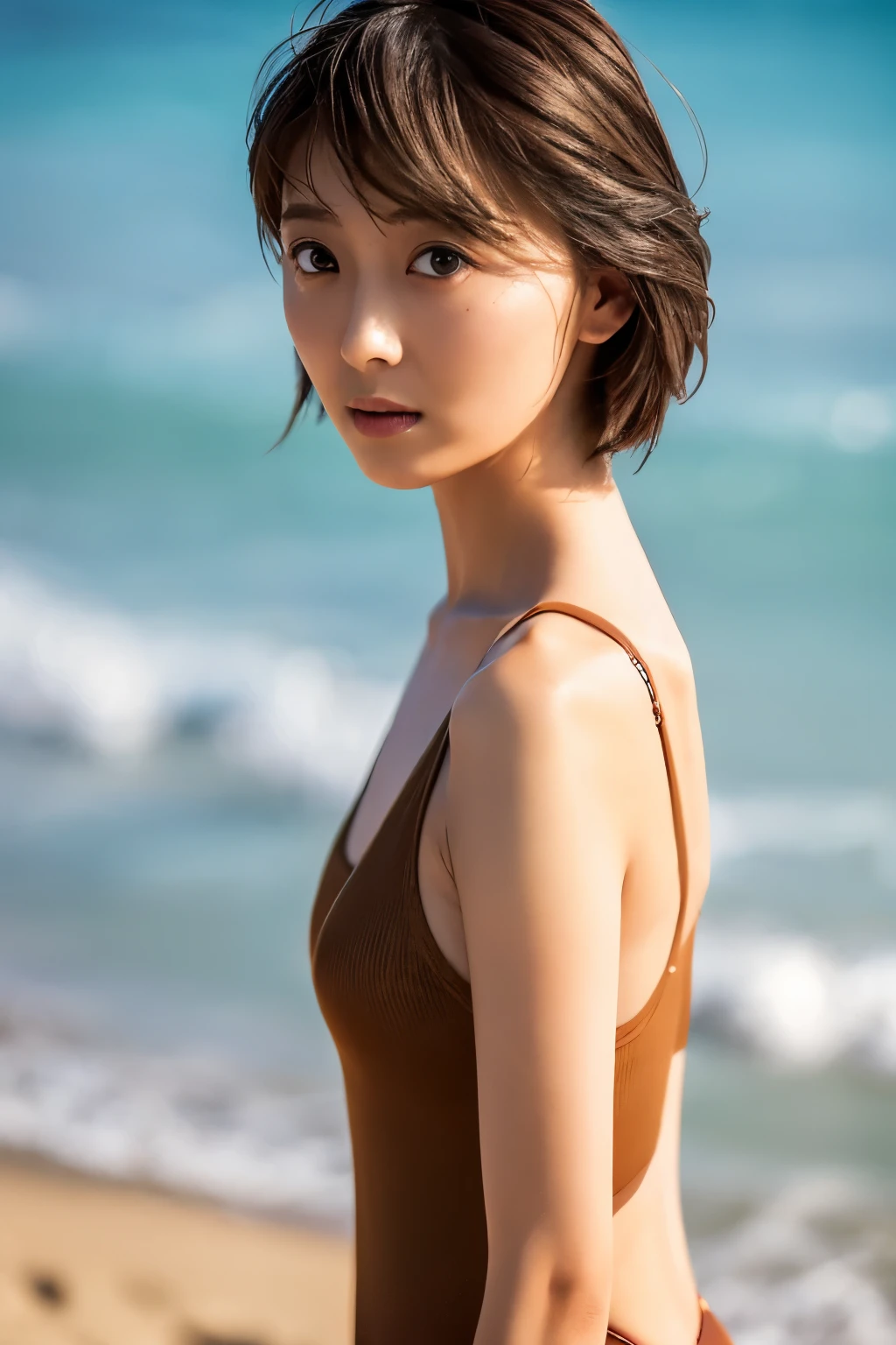 Top quality, realistic, perfect human body structure, very detailed, very delicate and beautiful, RAW photography, beach, professional lighting, luminescence, depth of field, single focal, full body, Skinny Japanese lady, 30 year old lady, brown hair, small head, beautiful eyes, real face, realistic skin, detailed eyes, (fashionable hairstyle: 1.3), sexy pose, absurderes, Incredibly Ridiculous res, Extremely fine, Blouse