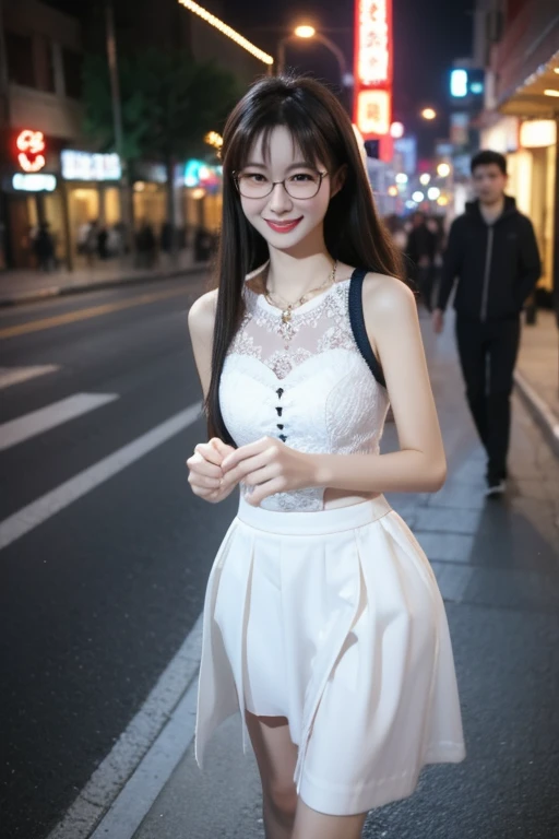 Highest quality、masterpiece、High sensitivity、High resolution、Detailed Description、Slender women、Slim Body、Glasses、Lace white skirt、smile、Walking through Xuhua Street at night、