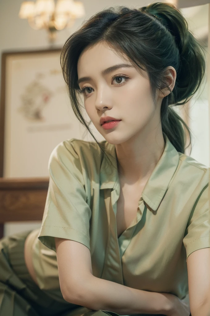 (((best quality))),(((ultra detailed))),(((masterpiece))),illustration,((1 beautiful young girl,female soldier,solo)),(short black ponytail:1.2),((slim,thin)),((small breasts,flat chest)),determined,professional,demeanor,(light green collared short-sleeved shirt:1.3),(dark green trousers:1.2),military,affiliation,background,military conference room,walls,maps,battlefields,strategic points,markings,(large red flag),nation's unity,strength,seriousness,planning,important discussion,rigid posture,focused expression,confidence,respectability,bright intense eyes,analyzing situation,contribute thoughts,ideas,charm,powerful,intense atmosphere,freezes moment in time,essence,striking appearance,(night scene:1.2),((from front,upper body))