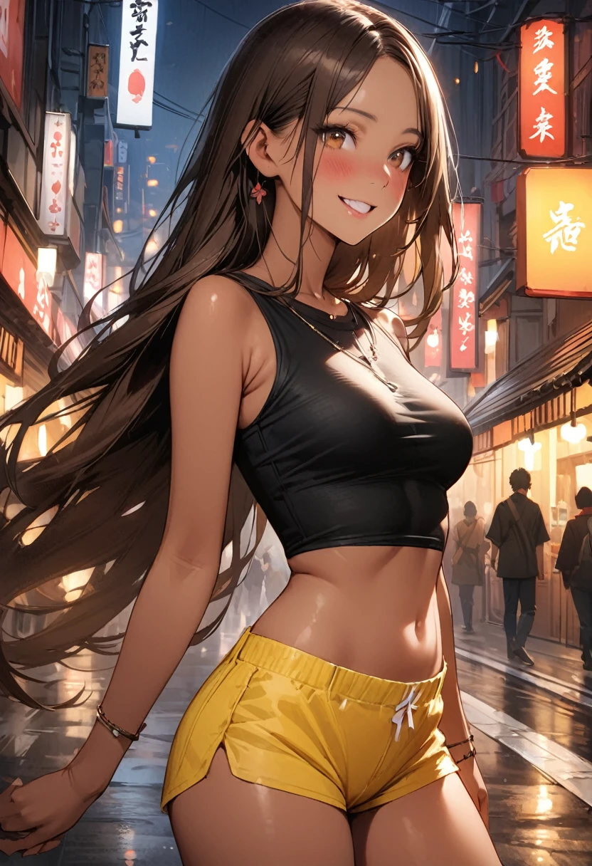 ((masterpiece,Highest quality:1.3,best quality illustration,realistic)),cowboy shot,独奏,1woman,(Mature Japan beauties)、brown hair,long hair,center parted bangs,brown eyes,gorgeous eyes,((very small head:1.3)),blush,smile,((very long body:1.2,skinny)),medium breasts,(tan skin:1.4), (gleaming skin,toned body,slender body),Street fashion、Black tight T-shirt、Short sleeve、Yellow micro shorts、on street,Tokyo、