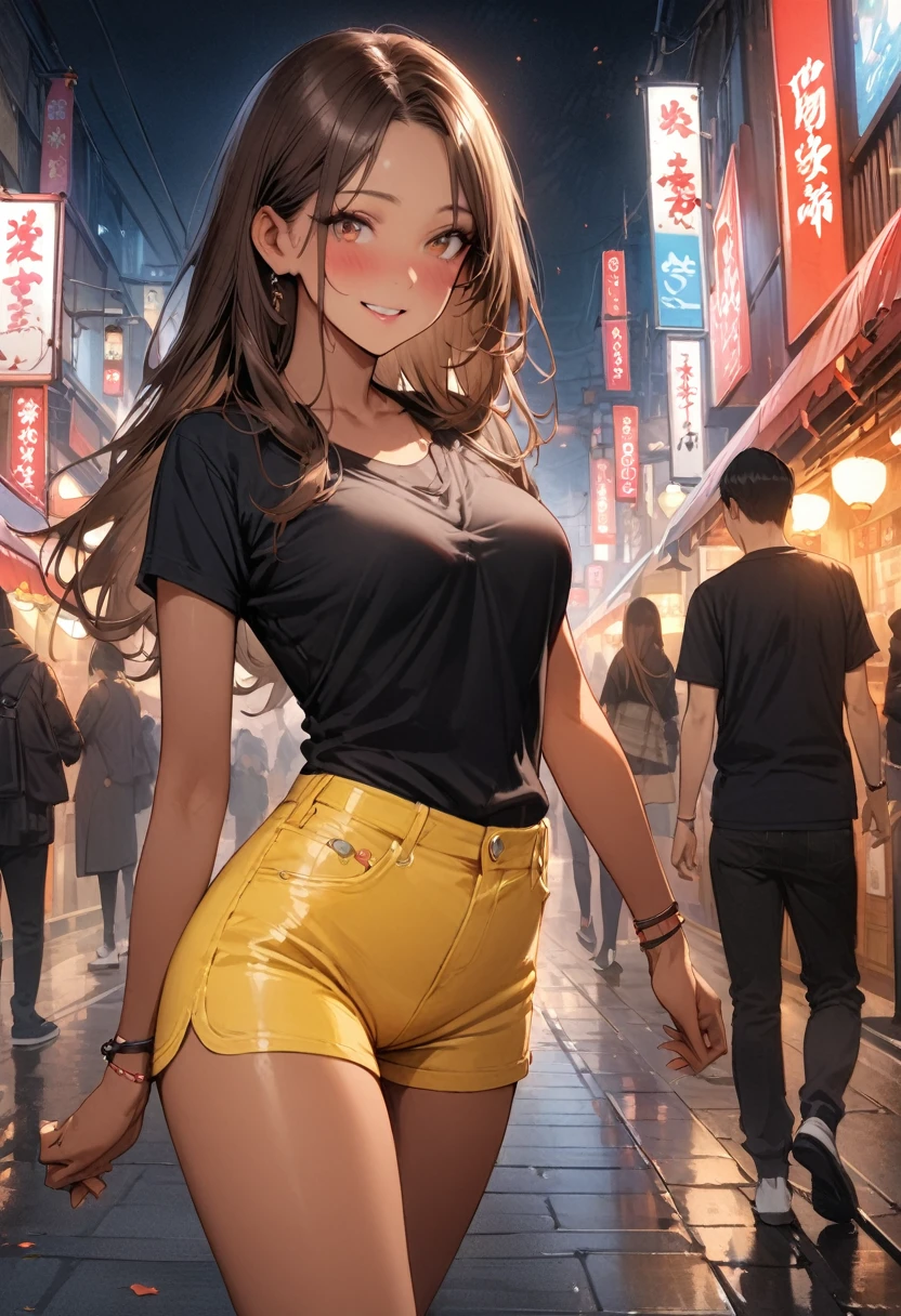 masterpiece (Photo_\\(Medium\\):1.2), (Photorealistic:1.2), Hyper realistic, Photorealism, Woman, Full body, full growth, Black hair, Long hair, Bangs, Yellow eyes, Eyelashes, Creepy grin, Beauty Skin,Tight Short Yellow Dress, Small sized breasts, night city background, symmetry, depth of fields, 8K, VFX, thighs, breast, ass, nffsw, nffsw,