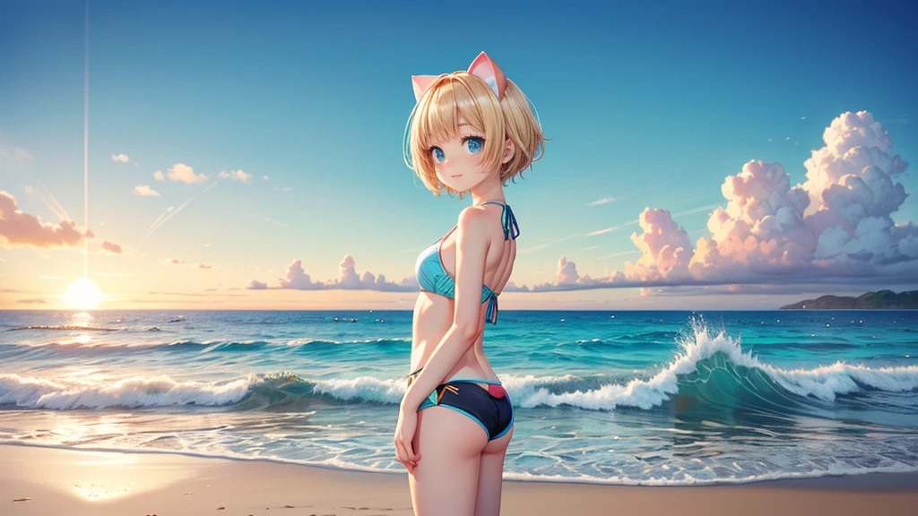 ,Denim shorts、Turquoise Eyes、Cat ear、Absurd, Ultra-detailed,Bright colors,(solo),(From the side:1.2),(View your viewers:1.5) (Short blonde hair:1.2),Shiny Hair,(ピンクのSwimwear:1.5),Denim shorts,Delicate and beautiful face, blush、(Deep blue eyes:1.4), White skin, (A wistful smile:1.3),Beautiful Clouds,(Standing on the beach, looking to the side with a sad expression:1.3),look at the sea and sunset,At sunset,Waves crashing on the beach,sunlight,Light on the face、Cat ear、Belly on、Turquoise Eyes、Swimwear