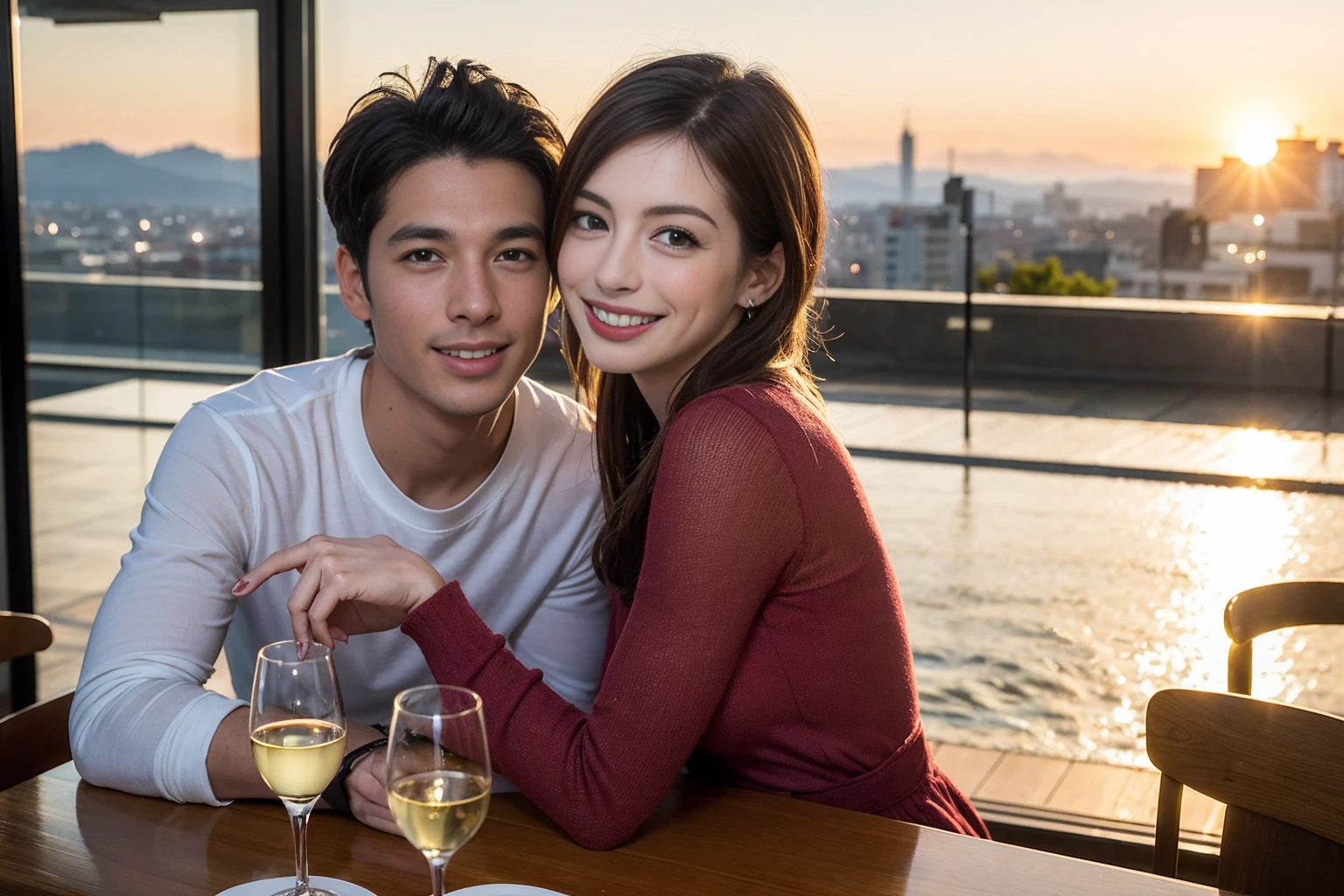 ((Highest quality、、masterpiece:1.3))、1 male 1 female、Anne Hathaway 37 years old 39 years old、Slim Beauty、Beautiful couple、Upper Body、smile、 (Slim face), (the body is スリム), (Brown Hair), (Shortcuts), テーブルのフルコースディナーとwine glass、Amazing view of the sunset sky and clouds、smileの美しさ、Wine bottle、sparkling wine、Long sleeve shirt、dress、White wine, red wine, wine glass, Beautiful fine grain, Depth f/2,saturation, High Contrast, Strong light and shadow,Moist Body:1.5、3D texture、The hair is very shiny、