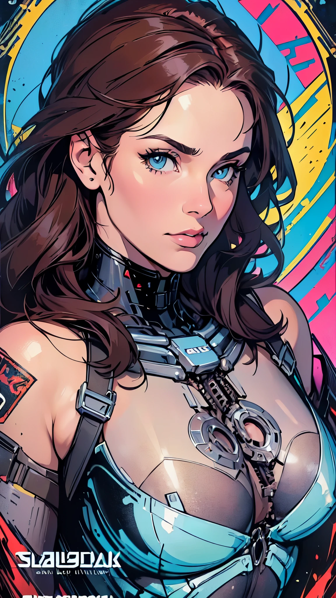 (((ultimate best quality))),((((solo:1.2)))),((((1girl:1.2)))),((((beautiful perfect woman)))),(((detailed perfect body, detailed perfect finger))),((((((ultimate movie poster)))))),(((bust up, close up))),((((detailed complicated machine)))),(((((genius mechanical))))),(((American comics))),(((extreme highlights))),(((Extremely colorful, primary colors))),cleavage, super beautiful lady,(((typography))),text,(((((perfect looking up, looking down)))))