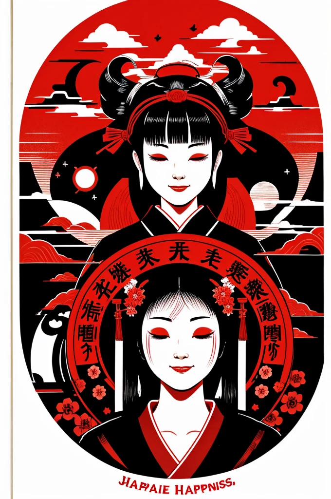 Image with the theme of Japanese culture, with a black and red background, including the phrase "Happiness has no end"