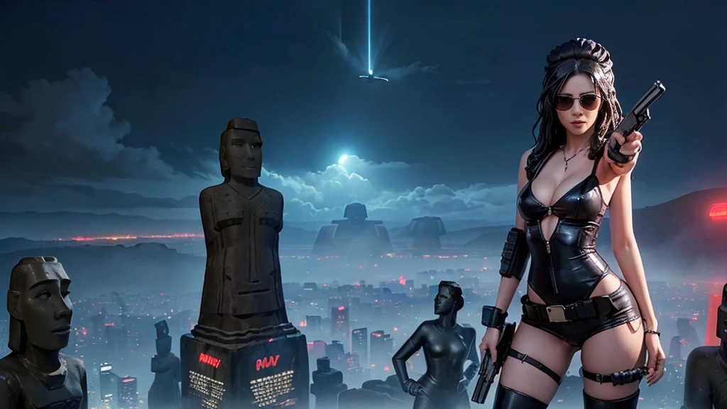 At night, dark sky, aerial view of fantasy cyberpunk style ((Moai-statue)) city, ((flying vehicle)). ((1girl, solo, alone)), photo realistic, medium-breast:1.1 slim body, cleavage, sexy clothes, (black sunglasses), (((hip-up standing and pistol aiming pose))), half-body thigh level medium shot, cinematic lighting.