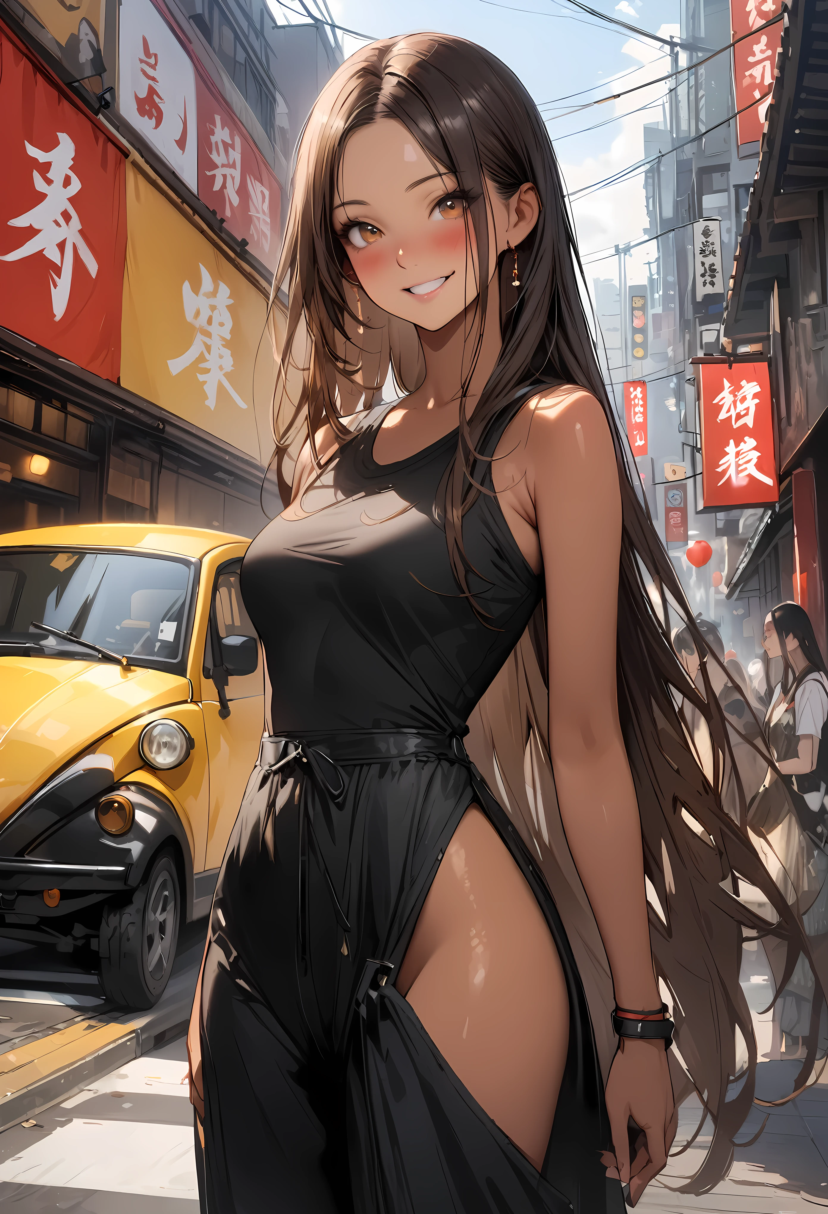 ((masterpiece,Highest quality:1.3,best quality illustration,realistic)),cowboy shot,solo,1woman,(Mature Japan beauties)、brown hair,long hair,center parted bangs,brown eyes,gorgeous eyes,((very small head:1.3)),blush,smile,((very long body:1.2,skinny)),medium breasts,(tan skin:1.4), (gleaming skin,toned body,slender body),Street fashion、Black tight T-shirt、Yellow Buggy　cargo pants、on street,Tokyo、