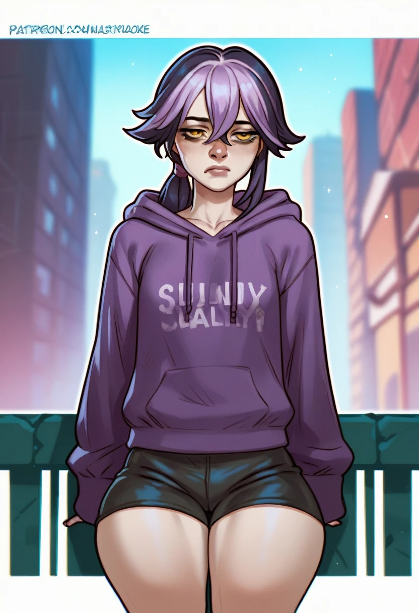 score_9, score_8_up, score_7_up, score_6_up, score_5_up, score_4_up, BREAK source_anime,rating_risky, a girl, thin, pale skin, skinny, tired expression, low ponytail, purple hair, yellow eyes, eye bags, tired expression, purple hoodie, thick thighs, black shorts, tight clothing, bold comic style, city background, purple clothes with black highlights
