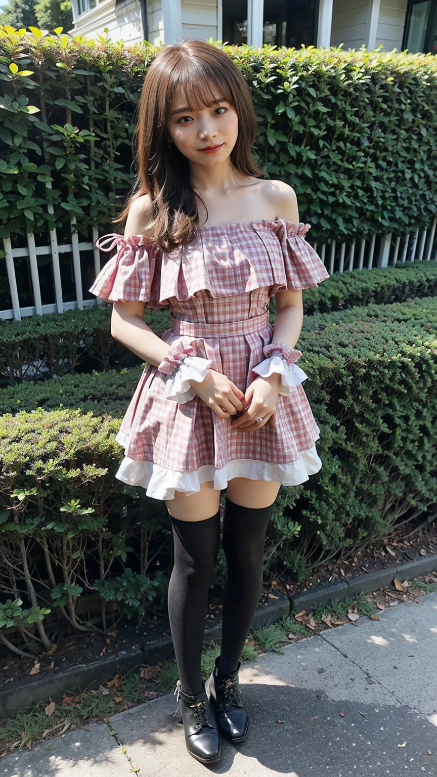 (8K、RAW Photos、Highest quality、masterpiece:1.2)、(Highest quality、Realistic)、1 Girl、((Frills、See-through、Off the shoulder、tights、pink and black mini skirt、Thin legs、whole body、boots、garden、View from the front、Looking into the camera、Ribbon Idol Costume、、Stand with hands on hips))、cute