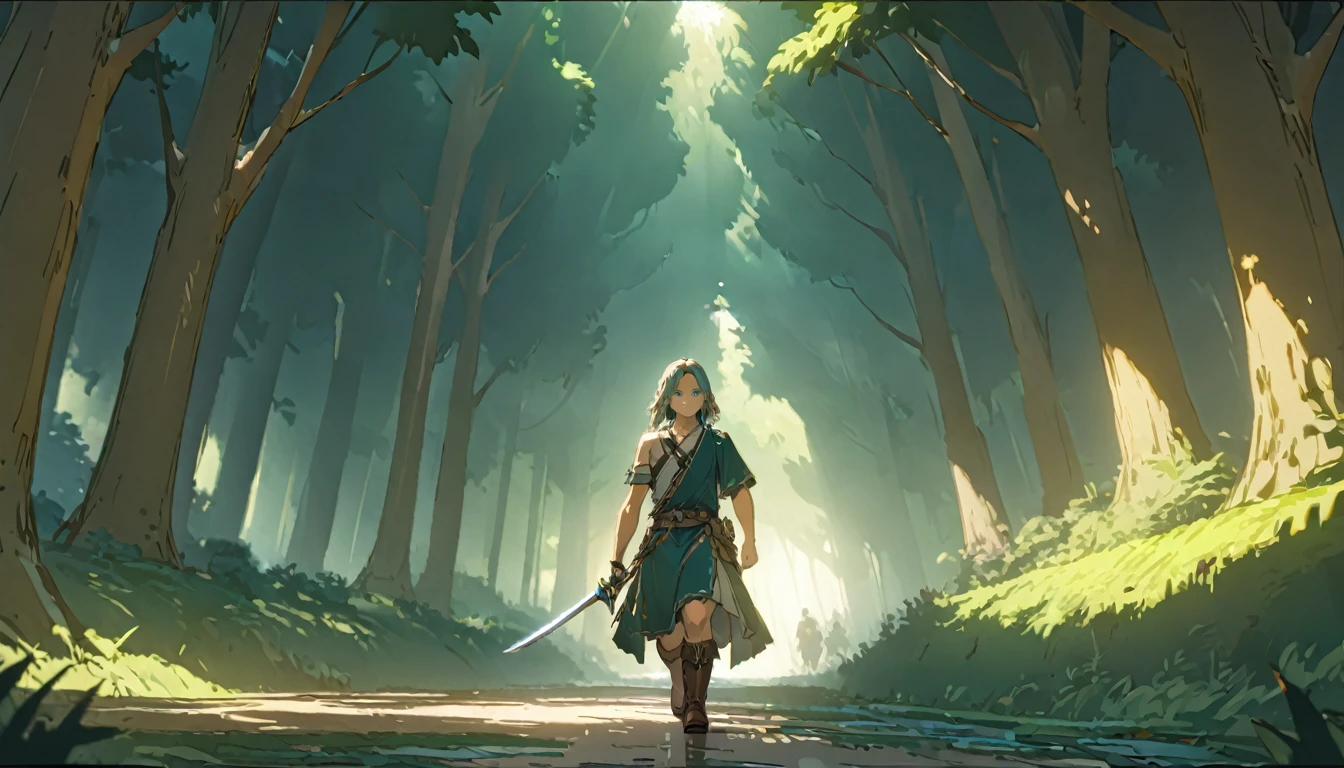 score 9, 1boy, totklink, zonai dress, single bare shoulder, holding sword, runnning, detailed blue eyes, delicate facial features, brown leather boots, standing in a lush forest landscape with towering trees, sunlight filtering through the leaves, (best quality,8k,hyper-detailed,masterpiece:1.2),cinematic lighting,fantasy,digital painting