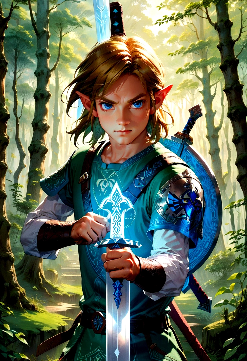 1boy, Link, The Legend of Zelda, Generate a high-fidelity, detail-oriented closeup of Link from the Legend of Zelda holding a sword and shield. The setting is a forest background, with elements such as trees and shrubs subtly included in the background. The image should mimic the texture and depth of an oil painting, expressing the character's confident nature yet also its beauty in a poignant and compelling way, influenced by the art of Lou Xaz, masterpiece, best quality, very aesthetic, absurdres