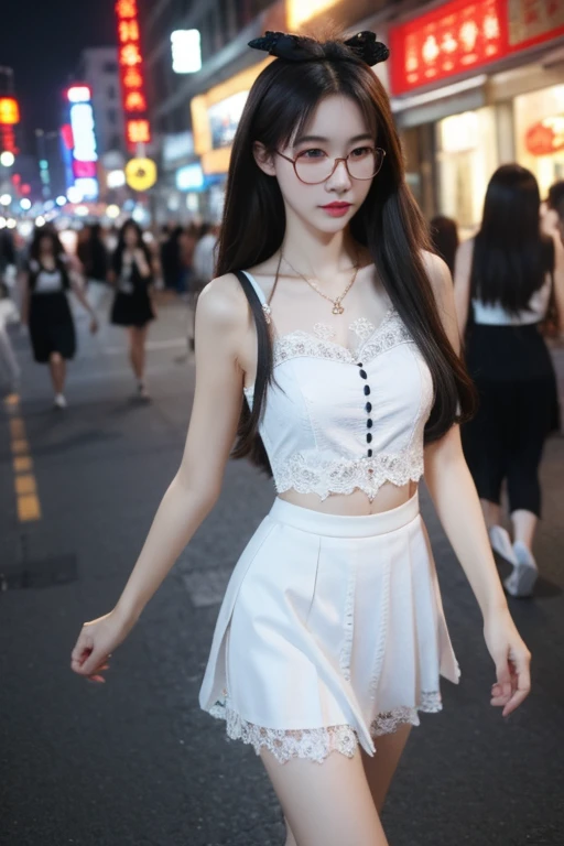 Highest quality、masterpiece、High sensitivity、High resolution、Detailed Description、Slender women、Slim Body、Glasses、Lace skirt、Walking through Xuhua Street at night、