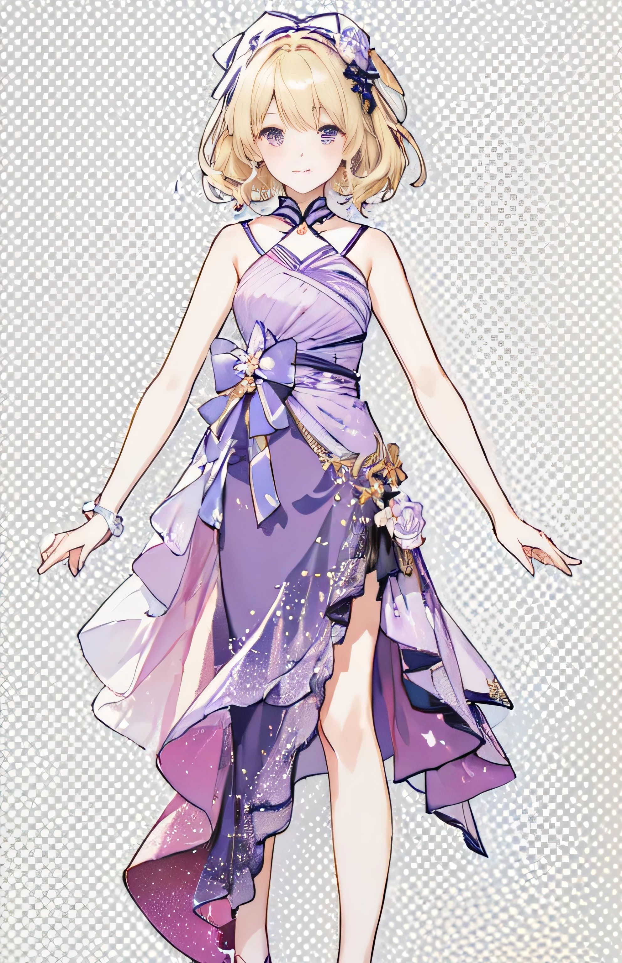 anime girl in a purple dress with a bow on her head, in dress, detailed dress and face, anime full body illustration, full body illustration, clear outfit design, full body portrait of a short!, cute anime waifu in a nice dress, blonde girl in a cosmic dress, in the art style of bowater, full body details, fullbody portrait,Rich in details,Masterpiece,Clean shaping,Dress,Shiny Dress,Sequins,Anime style,