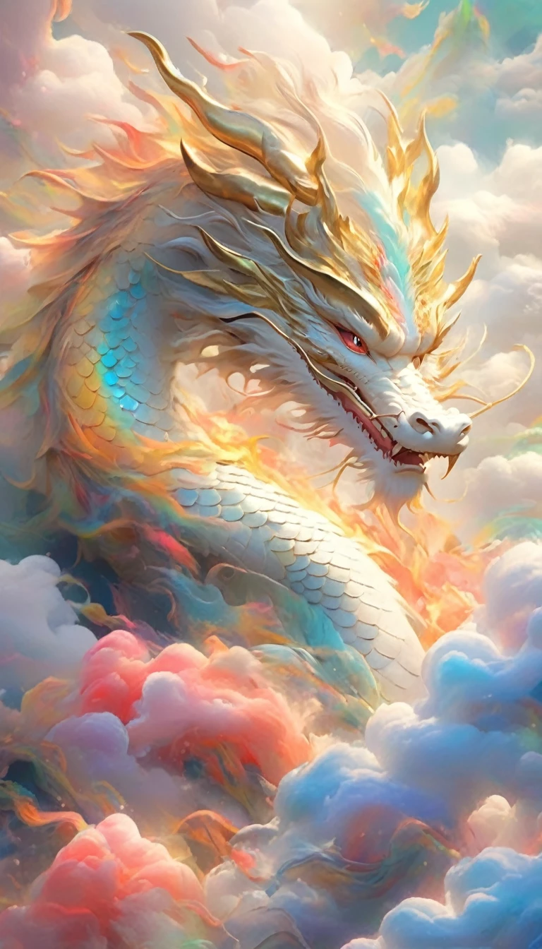 A dragon rises from the sea of clouds、Carrying great happiness、Huge gold and red body、High detail、High resolution、High color rendering、High resolution、Surreal、Realistic、Rainbow colors、Pastel colored scales