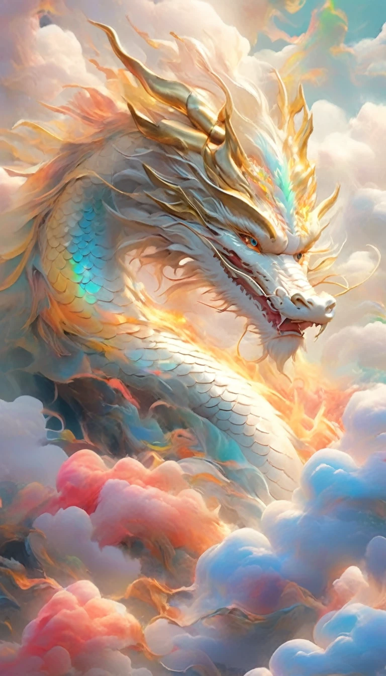 A dragon rises from the sea of clouds、Carrying great happiness、Huge gold and red body、High detail、High resolution、High color rendering、High resolution、Surreal、Realistic、Rainbow colors、Pastel colored scales