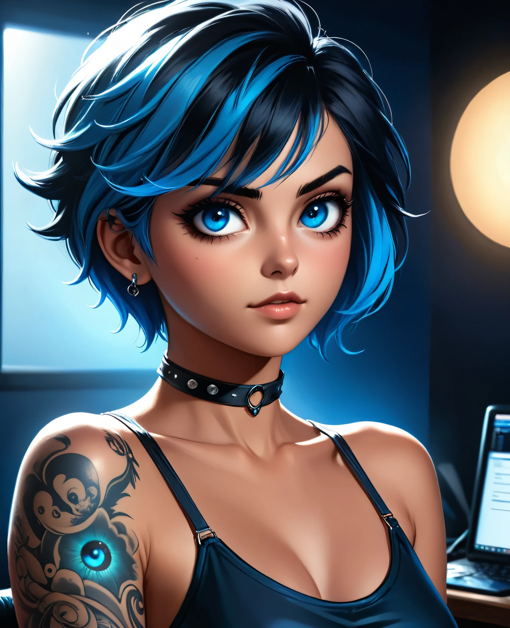 (In style of the 80s and 90s). anime female character, short colored hair, blue eye color, wearing sunglasses, short leather skirt, black tattoo on neck , in the hack room, digital painting "lighting": "dramatic moonlight, deep shadows", "resolution": "8K, ultra-detailed", (not close-up portrait)