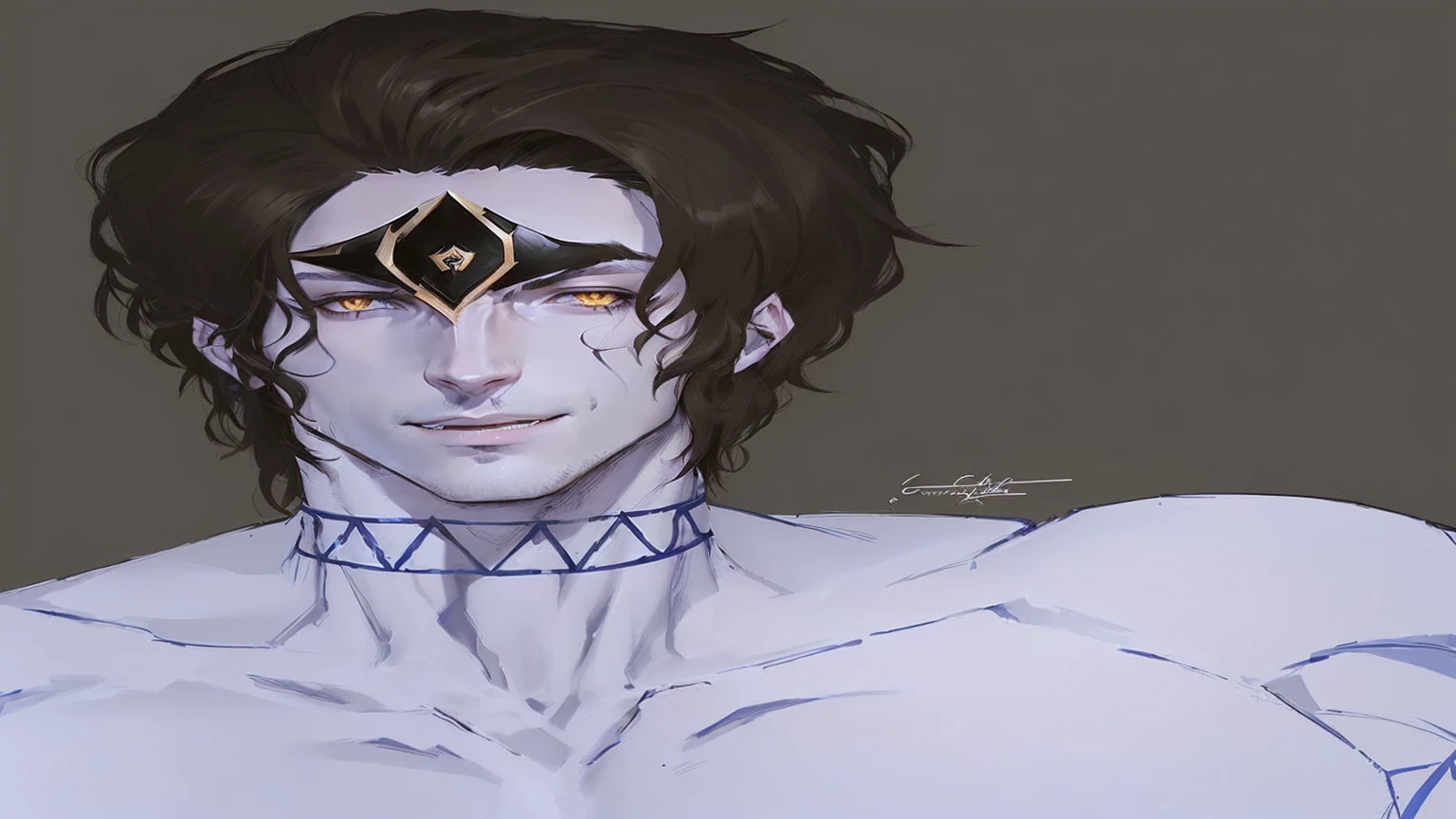 a close up of a man with a very large chest and a very large chest, Caleb from Critical Role, handsome guy in demon slayer art, delicate androgynous prince, cute androgynous prince, Djinn Human Hybrid, male djinn man demon hybrid, highly detailed exquisite fanart, I critical role, inspired by Jean Malouel, hades