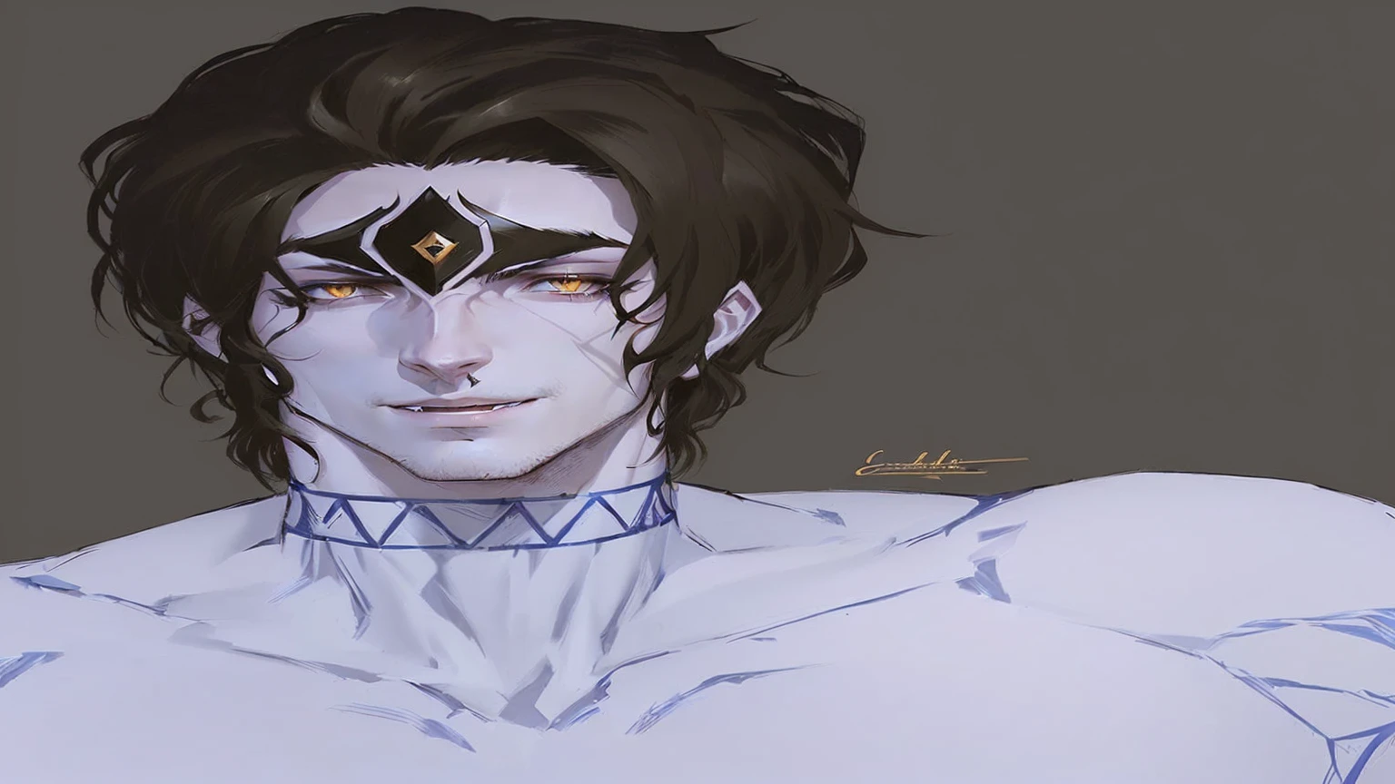 a close up of a man with a very large chest and a very large chest, Caleb from Critical Role, handsome guy in demon slayer art, delicate androgynous prince, cute androgynous prince, Djinn Human Hybrid, male djinn man demon hybrid, highly detailed exquisite fanart, I critical role, inspired by Jean Malouel, hades