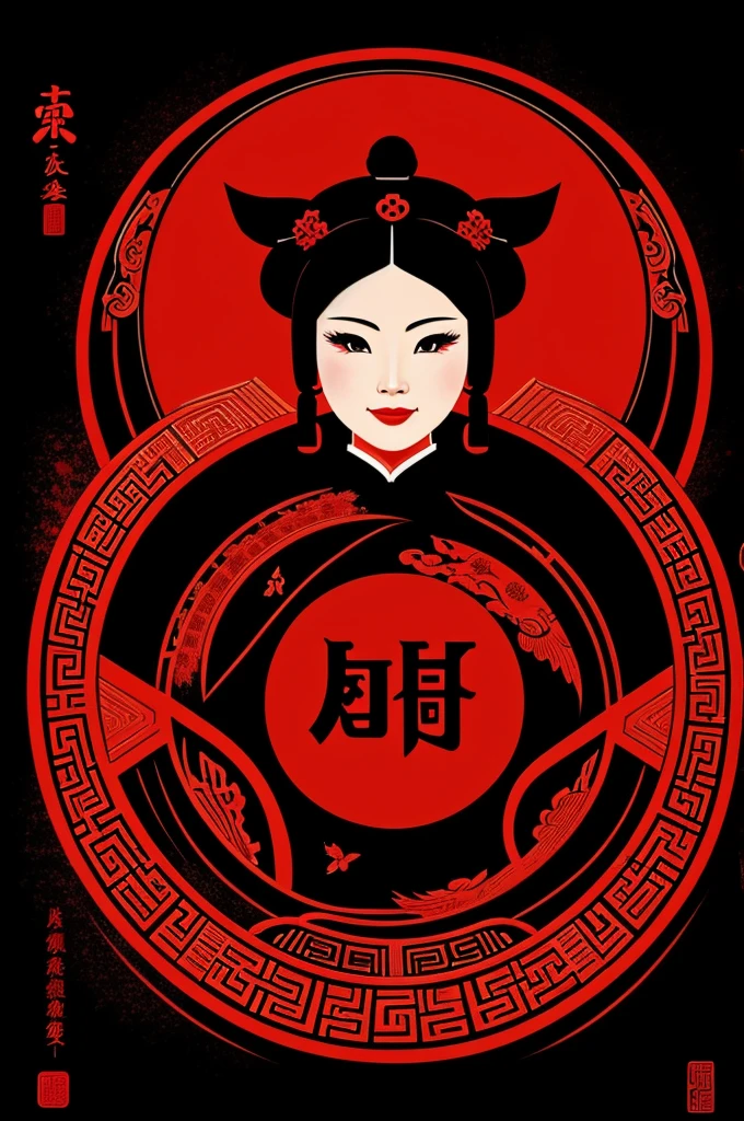Image with the theme of Chinese culture, with a black and red background, including the phrase "Happiness has no end"