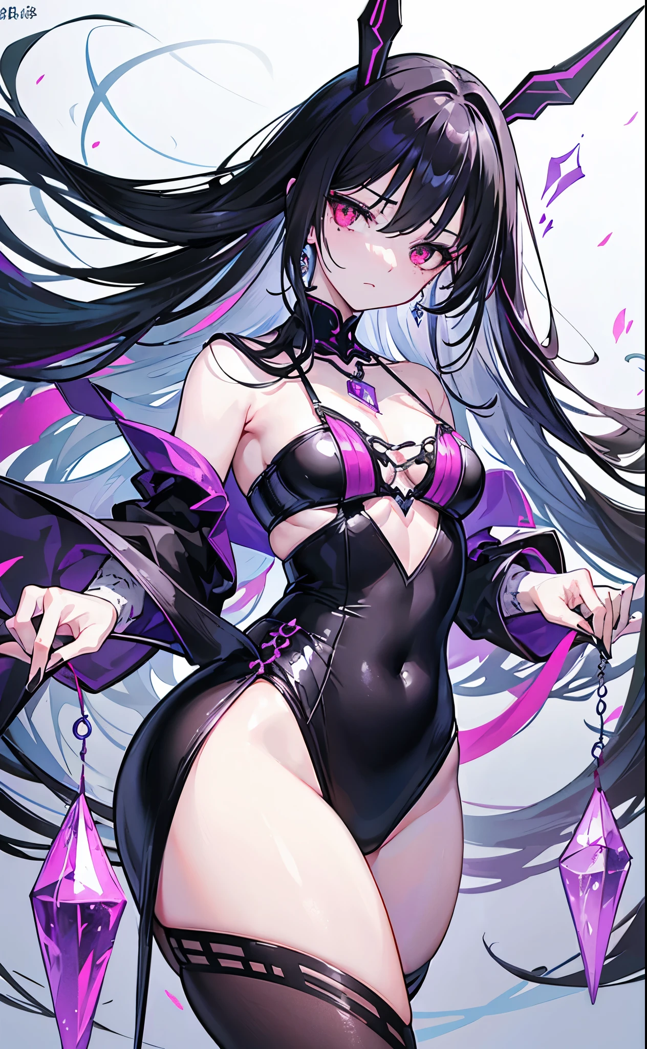 Thick black hair,Big Wave,Beautiful, provocative, and delicate deep red eyes,A look of contempt for everything,figure火辣的姐儿,Especially bold and flamboyant,There are beauty moles,Wearing black tights,Silver Necklace,The feeling of the entertainment queen,The body is fluorescent,十分Stunning,Beautiful,Perfect face、figure,Purple crystal necklace,Particularly clear、Stunning、pure、A little dark,A very character,A female sea king who is like a femme fatale