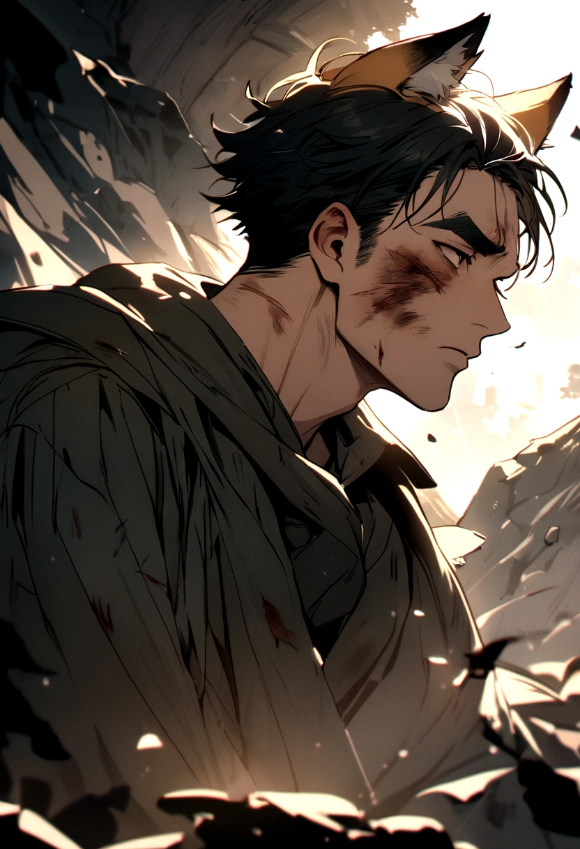 man, thick eyebrows, handsome, short hair, fox ears, injured, body