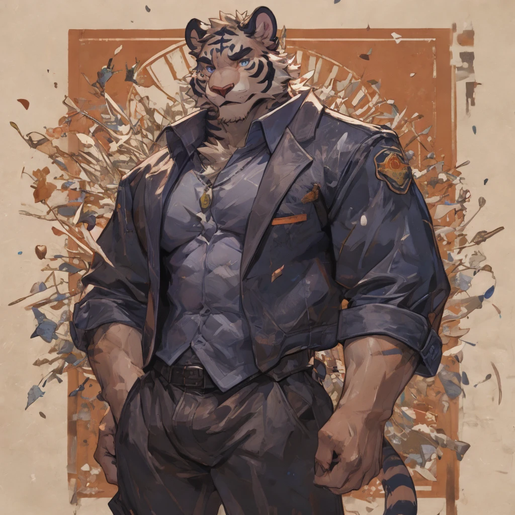 {{bara extremely handsome white tiger,}} {{white fur,}} white, wearing elegant ornate suit jacket, trousers, white dress shirt and necktie, white fluffy furry body and limbs, loafers, very tall, very broad shoulders, narrow waist, muscular arms, massive pecs, purple eyes, very long legs, massive bulge, sophisticated hot look, 3/4 view, best quality, high detail, CG image, character splash art, silver earring on left ear, sultry smirk