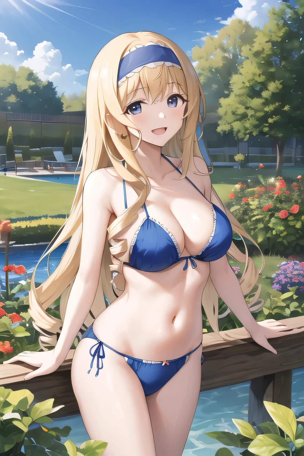 masterpiece, Highest quality, High resolution, Asecilia, Long Hair, Curly Hair, Drill Hair, Blue Hairband, Blue Bikini, garden, smile, Open your mouth, Are standing