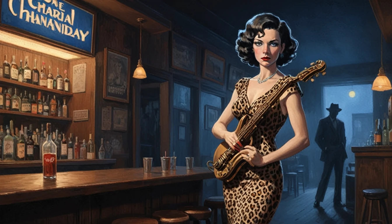 robert johnson, gritty, alabama bar, blue note, charismatic , leopard skin dress, illustration, noir fantasy, lone canadian lady, sad ending, saxophonist