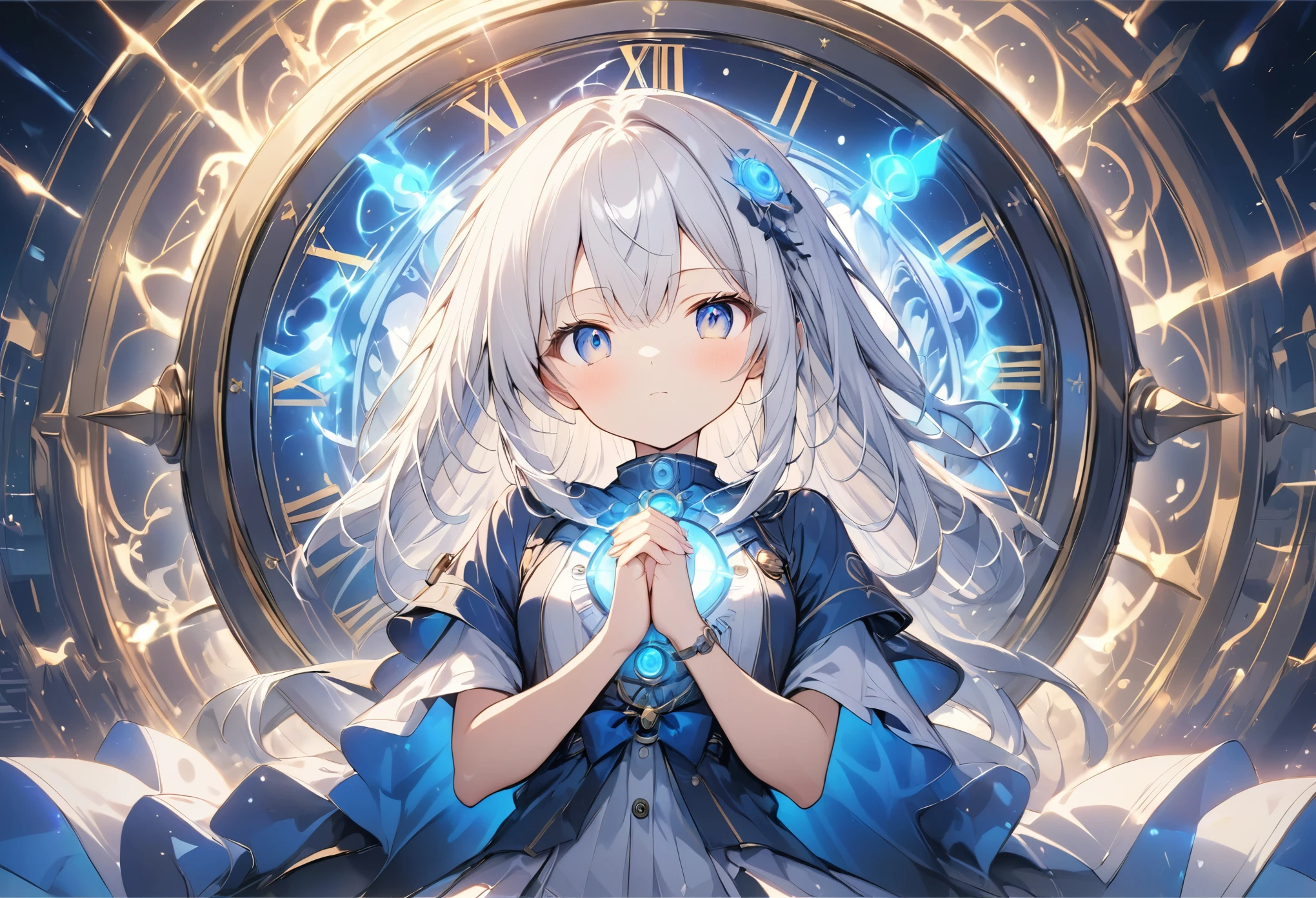 (anime style:1.4),Soft pictorial touches、超High resolution, Attention to detail, high quality, High resolution, 最high quality, 4K, 8K,Blue glowing clock background、White Hair Girl、cute,Beautiful light effect surrounding the body,DonMDj1nnM4g1cXL、hands together