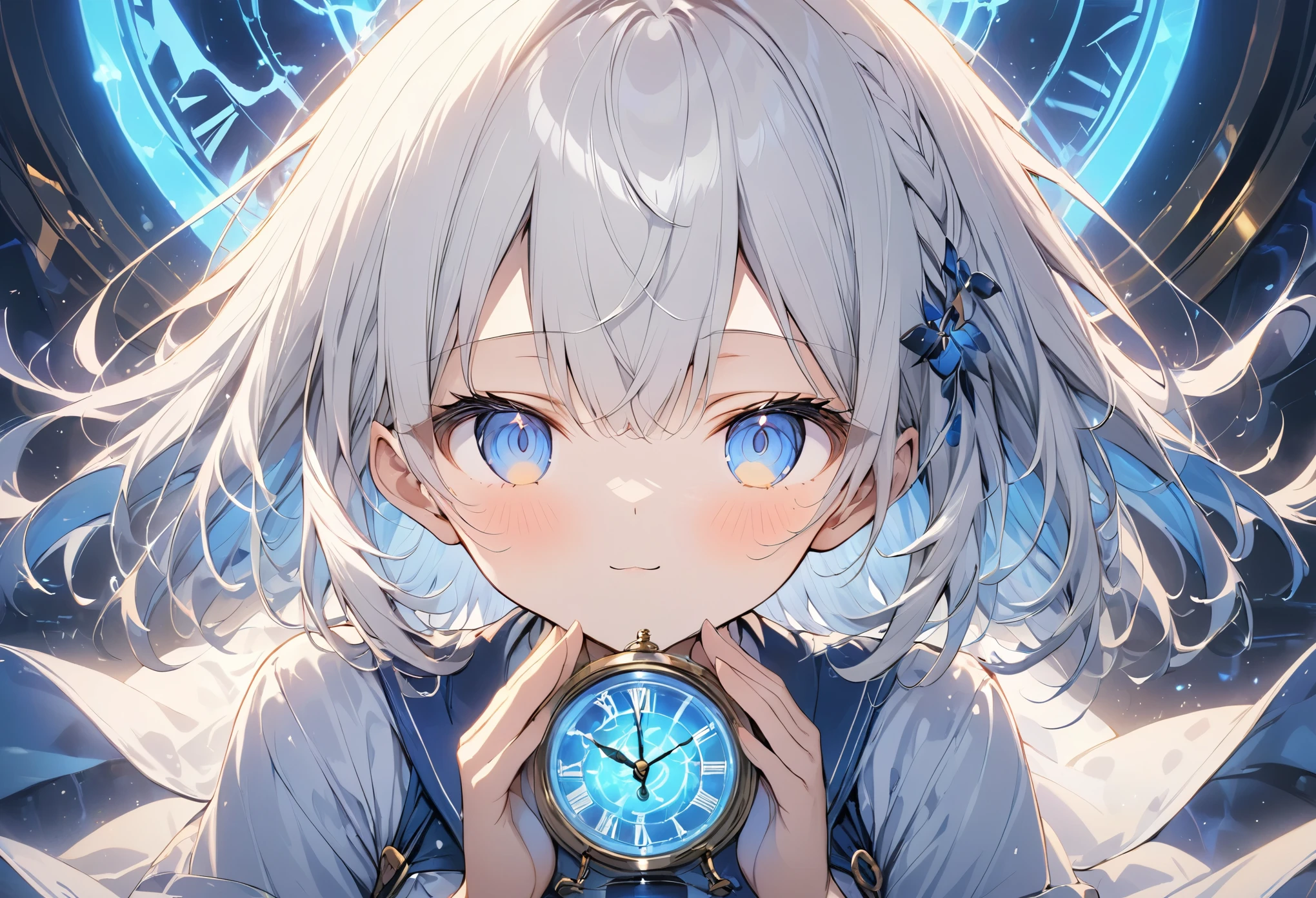 (anime style:1.4),Soft pictorial touches、超High resolution, Attention to detail, high quality, High resolution, 最high quality, 4K, 8K,Blue glowing clock background、White Hair Girl、cute,Beautiful light effect surrounding the body,DonMDj1nnM4g1cXL、hands together