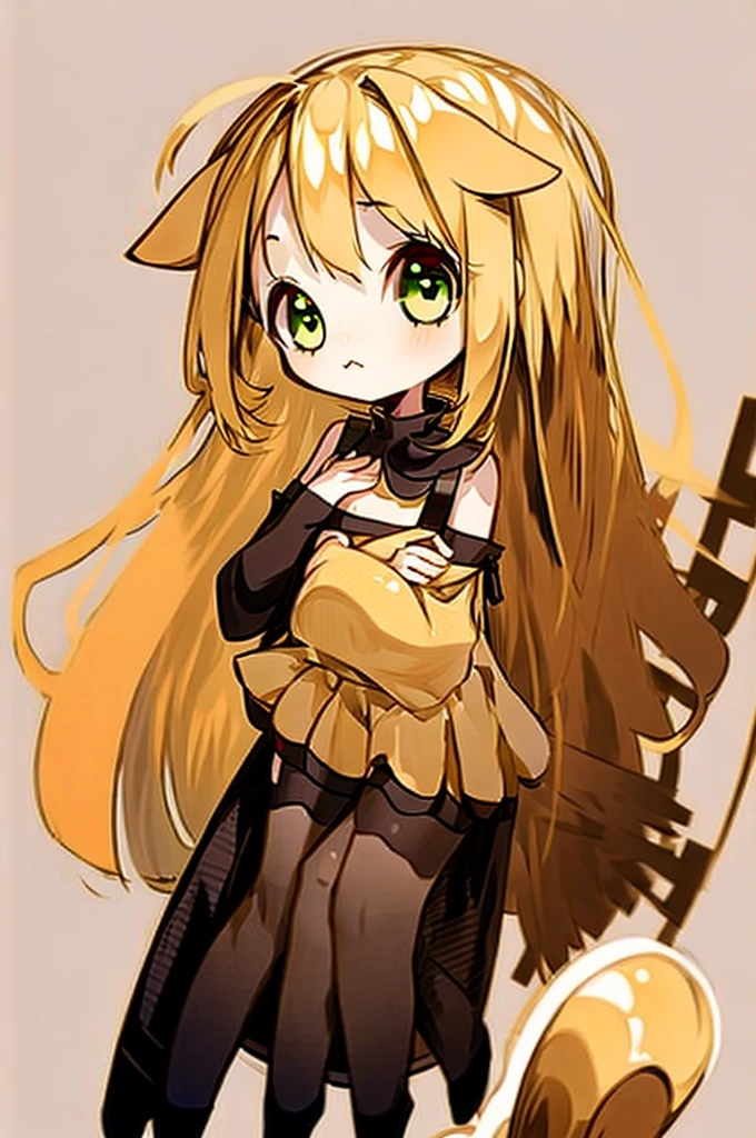 1girl with long golden hair, green eyes, floppy dog ears,emoteless face, golden dress with open shoulders. Black stockings. Chibi style, simple background, hand on chest, golden ears