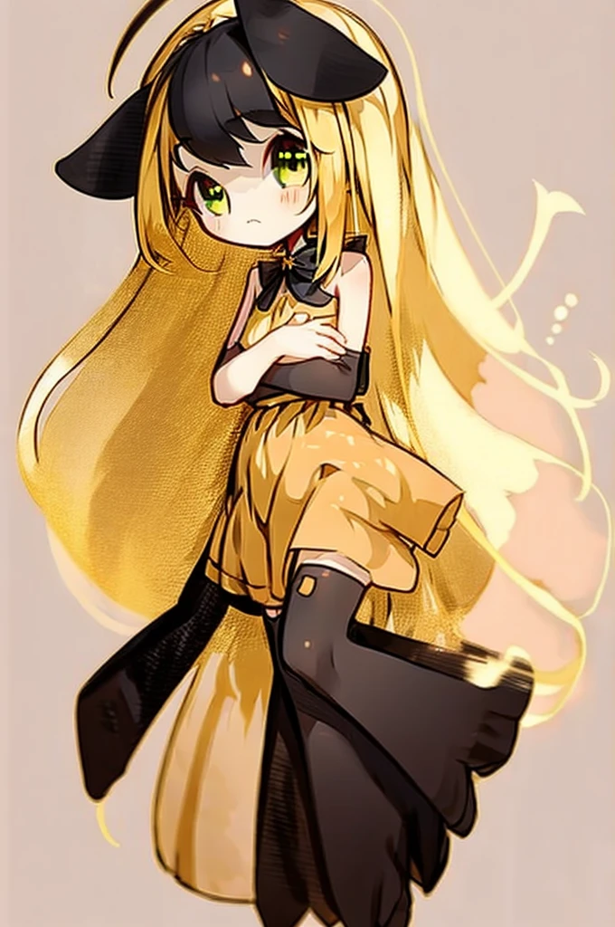 1girl with long golden hair, green eyes, floppy dog ears,emoteless face, golden dress with open shoulders. Black stockings. Chibi style, simple background, hand on chest, golden ears