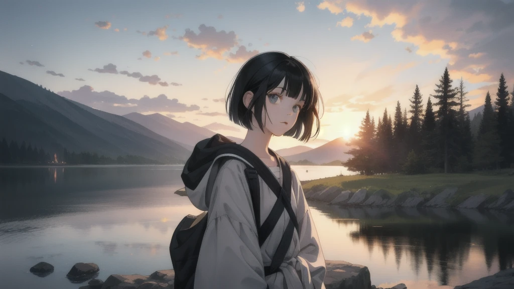 Loose-fitting anime-style girl camping solo by the lake. She stares at the campfire, sometimes blinks her eyes, and has black bob-cut hair.