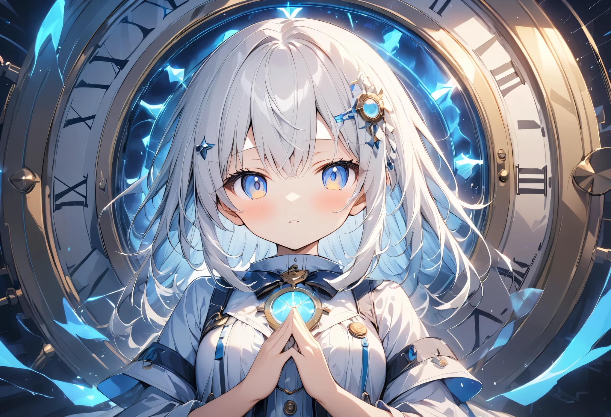 (anime style:1.4),Soft pictorial touches、超High resolution, Attention to detail, high quality, High resolution, 最high quality, 4K, 8K,A three-dimensional piece、Blue glowing clock background、White Hair Girl、cute,Beautiful light effect surrounding the body,DonMDj1nnM4g1cXL、hands together