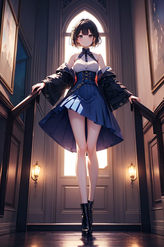 (masterpiece)、(best quality)、(Very detailed)Blue skirt girl、 Black hair、 Shoulders exposed、Beautiful breasts、Dreamy starry sky，Dreamy bright full moon，Full body picture 3D，Front view，Perfect long legs