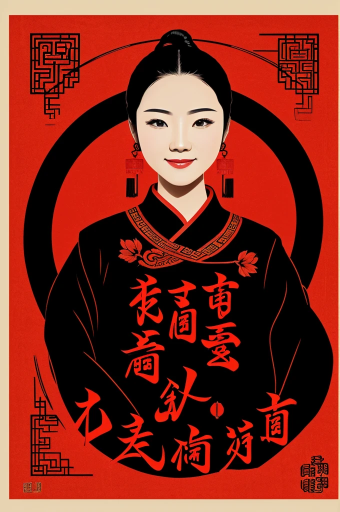 Image with the theme of Chinese culture, with a black and red background, including the phrase "Happiness has no end"