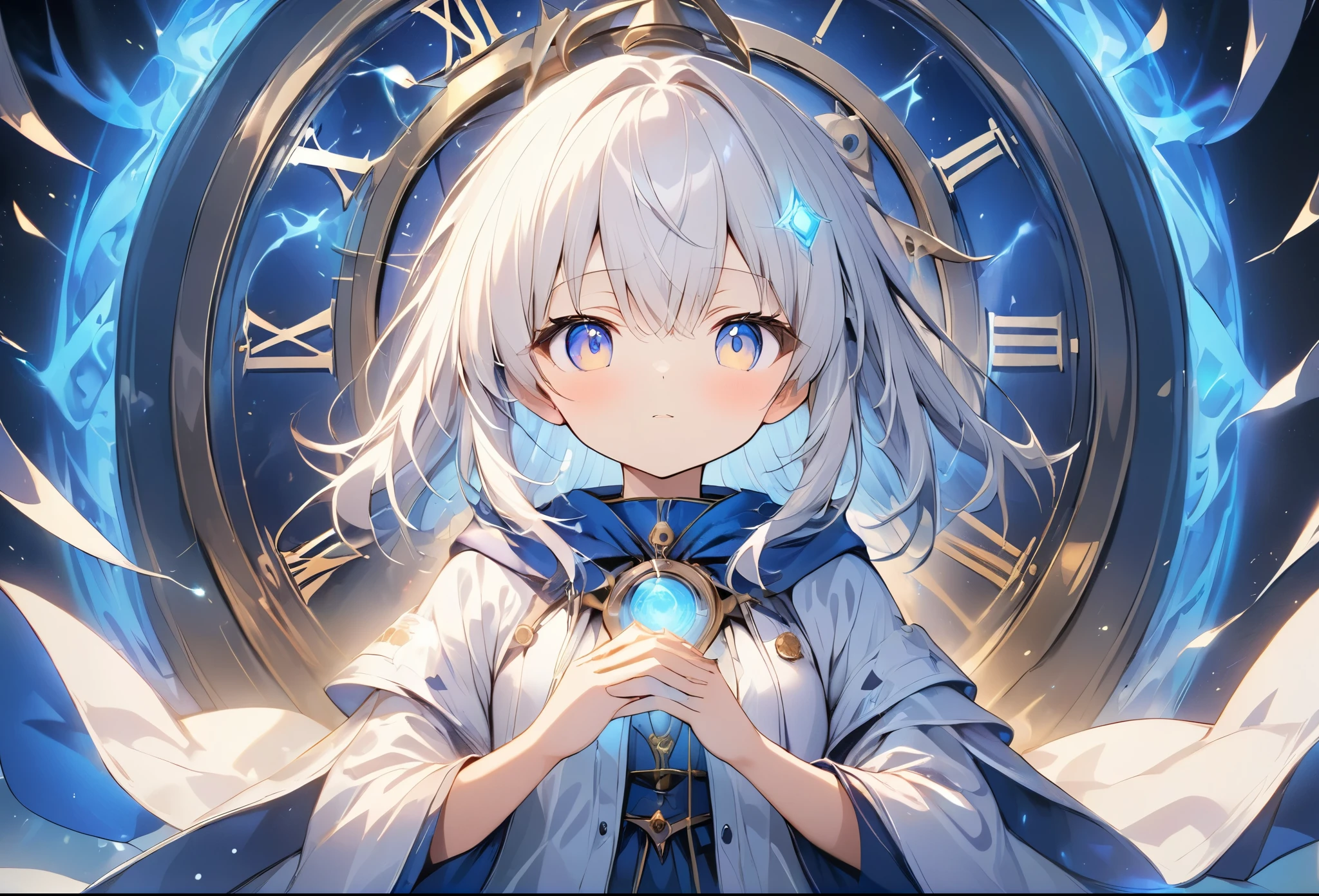 (anime style:1.4),Soft pictorial touches、超High resolution, Attention to detail, high quality, High resolution, 最high quality, 4K, 8K,A three-dimensional piece、Blue glowing clock background、White Hair Girl、cute,Beautiful light effect surrounding the body,DonMDj1nnM4g1cXL、hands together、A Wizard Who Controls Time