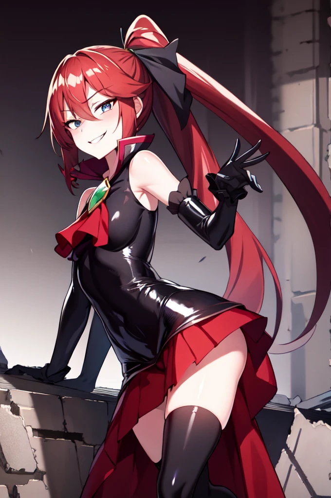 Highest quality, masterpiece, One Girl,Not beautiful, Red Ponytail, Long dress, brooch, Hair Ribbon, Black knee socks, Standing on the rubble, (Wicked Smile:1.1), ,,Dark shadowed face,Sadistic smile,Malice,Contempt,smile,latex,Bad face,,Red Skirt,two hands,two legs,five fingers,evil background,elbow gloves,latex, Wicked Smile, devilish aura (Shiny fabric:1.5),Dark world background,独奏,
