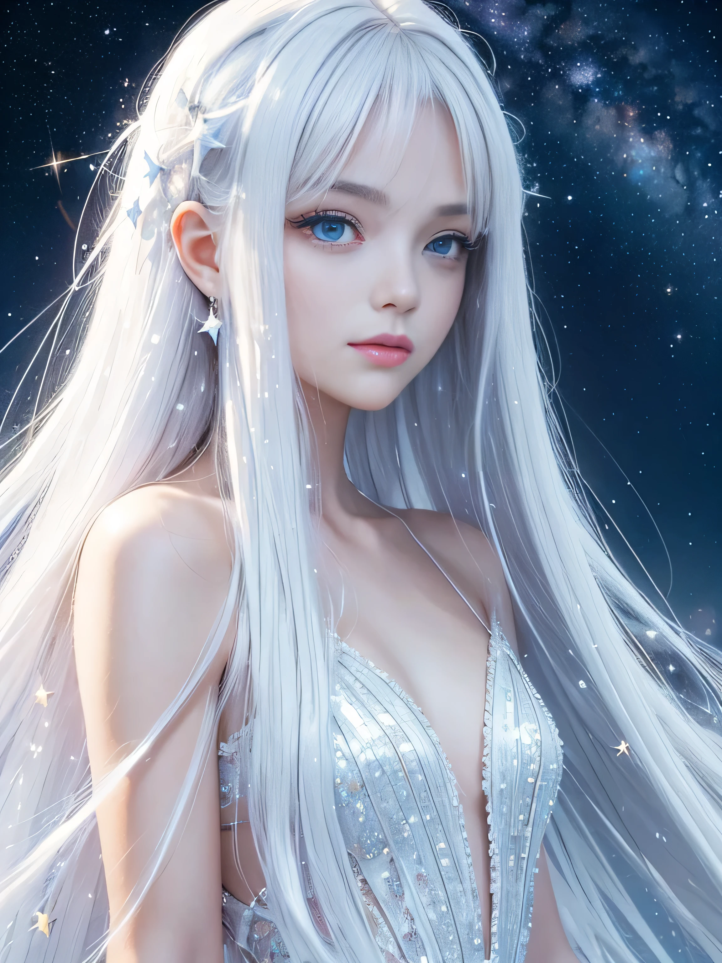 Masterpiece, Best quality,A high resolution, 1girll, Long_White_Hair, Stars in Eyes, See_Through, (((shimmering dazzling lighting))), (luminous), detailed shadow, meteors, stars, milky ways, Starcloud, Star in white dress, Messy floating hair, Colored inner hair, Starry sky adorns hair, Chiffon, rip, stars, White theme