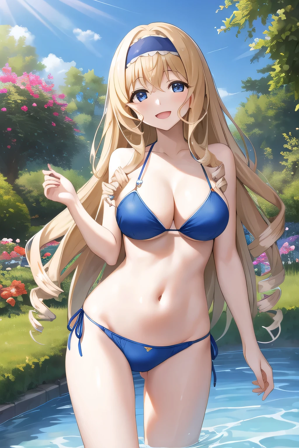 masterpiece, Highest quality, High resolution, Asecilia, Long Hair, Curly Hair, Drill Hair, Blue Hairband, Blue Bikini, garden, smile, Open your mouth, Are standing