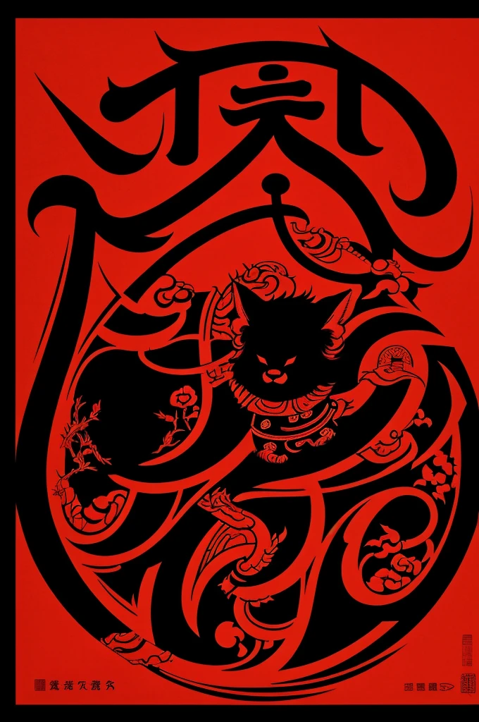 Image with the theme of Chinese culture, with a black and red background, including the phrase "Happiness has no end"