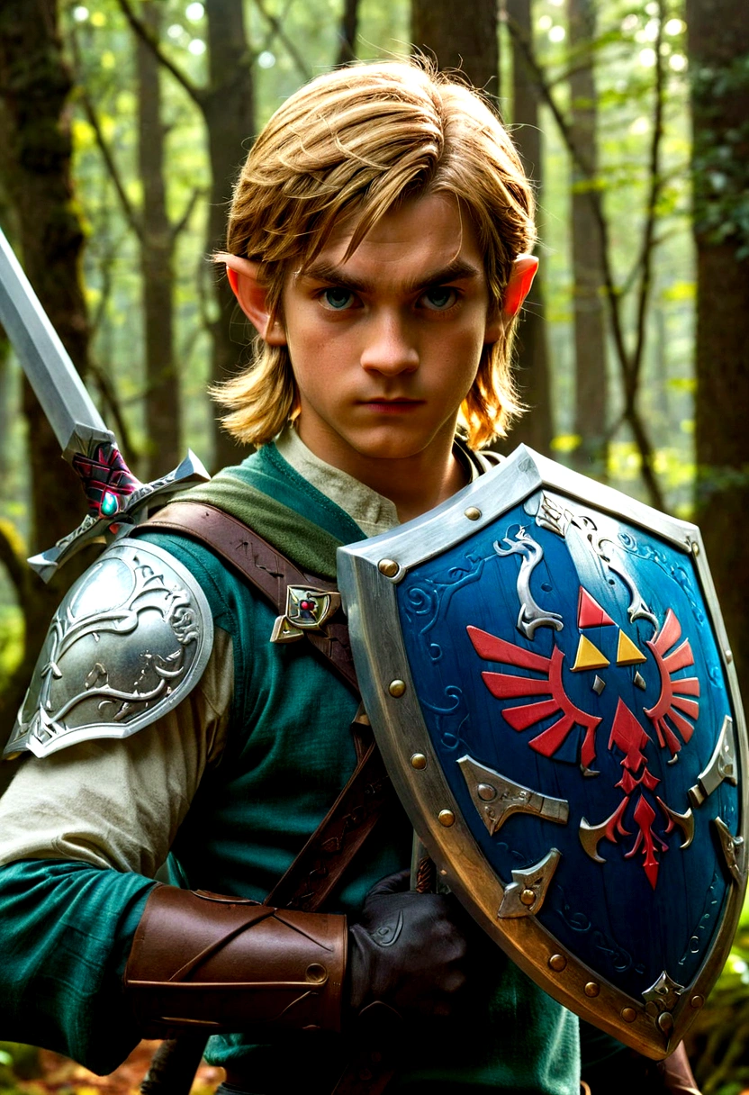 1boy, Link, The Legend of Zelda, Generate a high-fidelity, detail-oriented closeup of Link from the Legend of Zelda holding a sword and shield. The setting is a forest background, with elements such as trees and shrubs subtly included in the background. The image should mimic the texture and depth of an oil painting, expressing the character's confident nature yet also its beauty in a poignant and compelling way, influenced by the art of Lou Xaz, masterpiece, best quality, very aesthetic, absurdres
