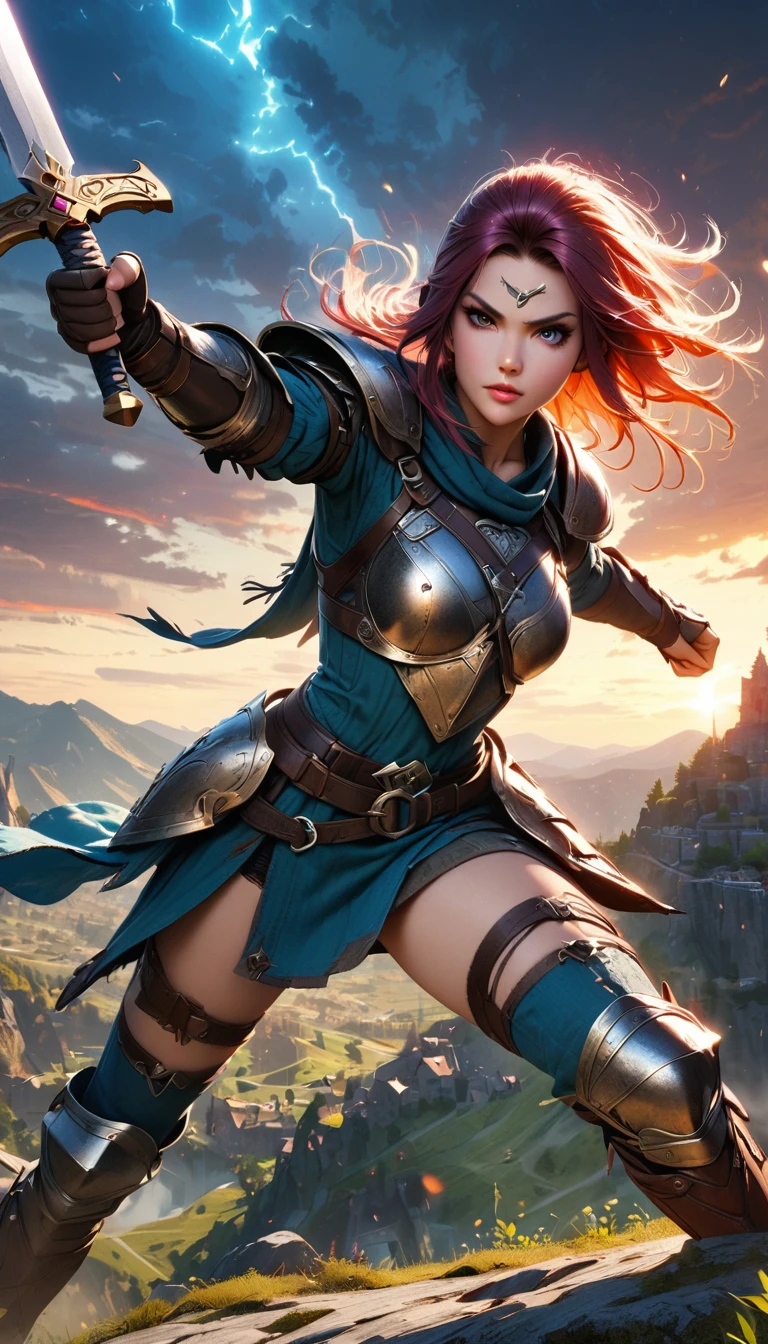 A female warrior in the Legend of Zelda, highly detailed face, beautiful eyes, long eyelashes, detailed armor, medieval fantasy setting, epic sword fight, dynamic pose, dramatic lighting, vibrant colors, cinematic composition, digital painting, unreal engine, hyper realistic, 8k, best quality, masterpiece