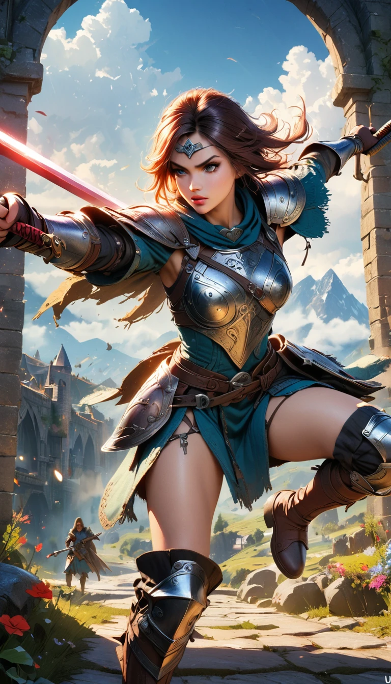 A female warrior in the Legend of Zelda, highly detailed face, beautiful eyes, long eyelashes, detailed armor, medieval fantasy setting, epic sword fight, dynamic pose, dramatic lighting, vibrant colors, cinematic composition, digital painting, unreal engine, hyper realistic, 8k, best quality, masterpiece