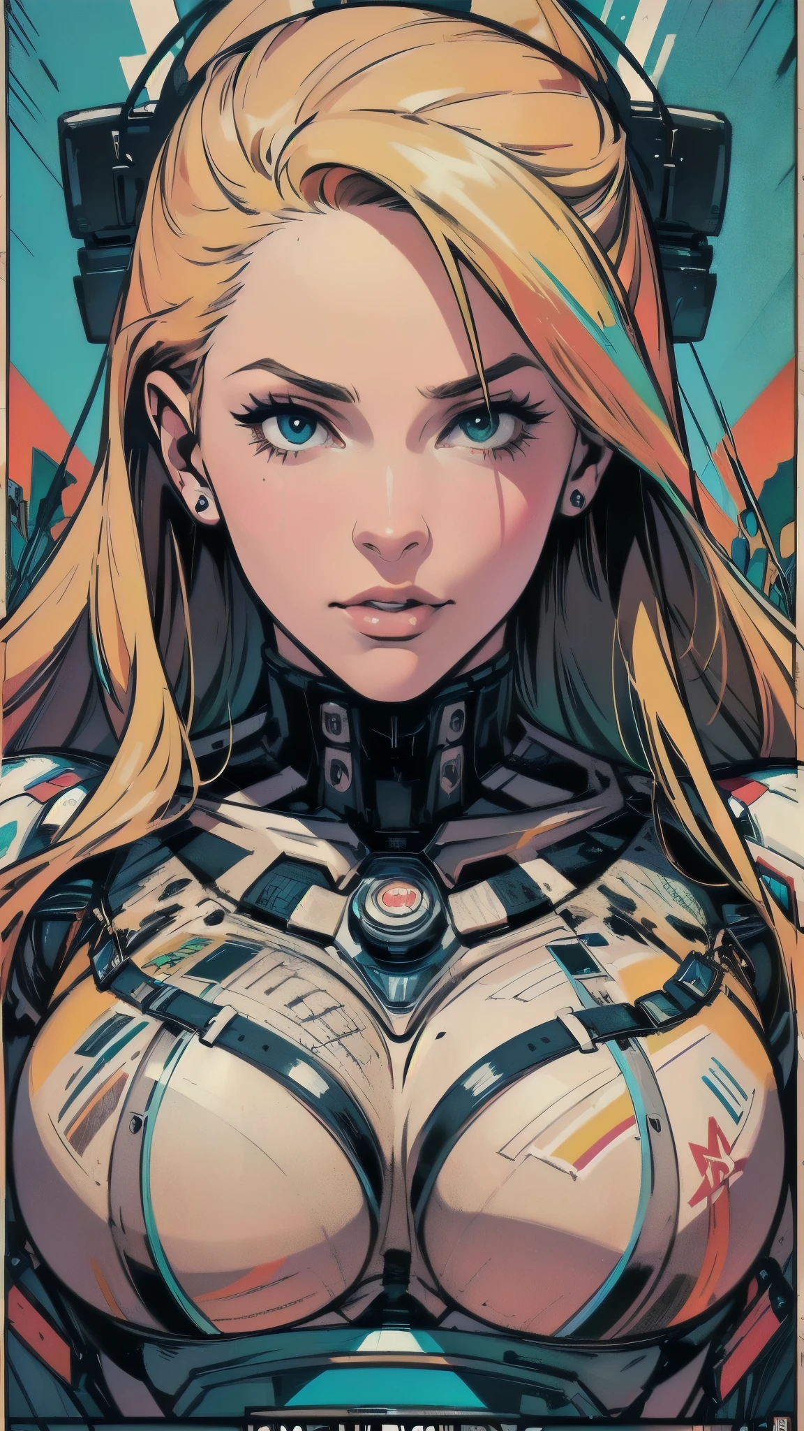 (((ultimate best quality))),((((solo:1.2)))),((((1girl:1.2)))),((((beautiful perfect woman)))),(((detailed perfect body, detailed perfect finger))),((((((ultimate movie poster)))))),(((bust up, close up))),((((detailed complicated machine)))),(((((genius mechanical))))),(((American comics))),(((extreme highlights))),(((Extremely colorful, primary colors))),cleavage, super beautiful lady,(((typography))),text,(((((looking up or looking down)))))