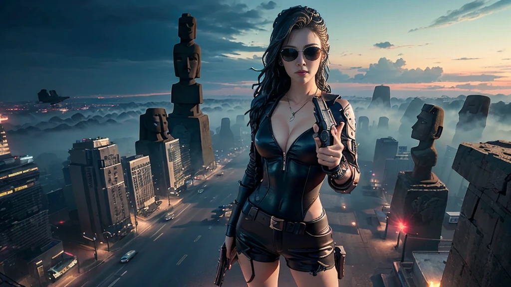 At night, dark sky, aerial view of fantasy cyberpunk style ((Moai-statue)) city, ((flying vehicle)). ((1girl, solo, alone)), photo realistic, medium-breast:1.1 slim body, cleavage, sexy clothes, (black sunglasses), (((hip-up standing and pistol aiming pose))), half-body thigh level medium shot, cinematic lighting.